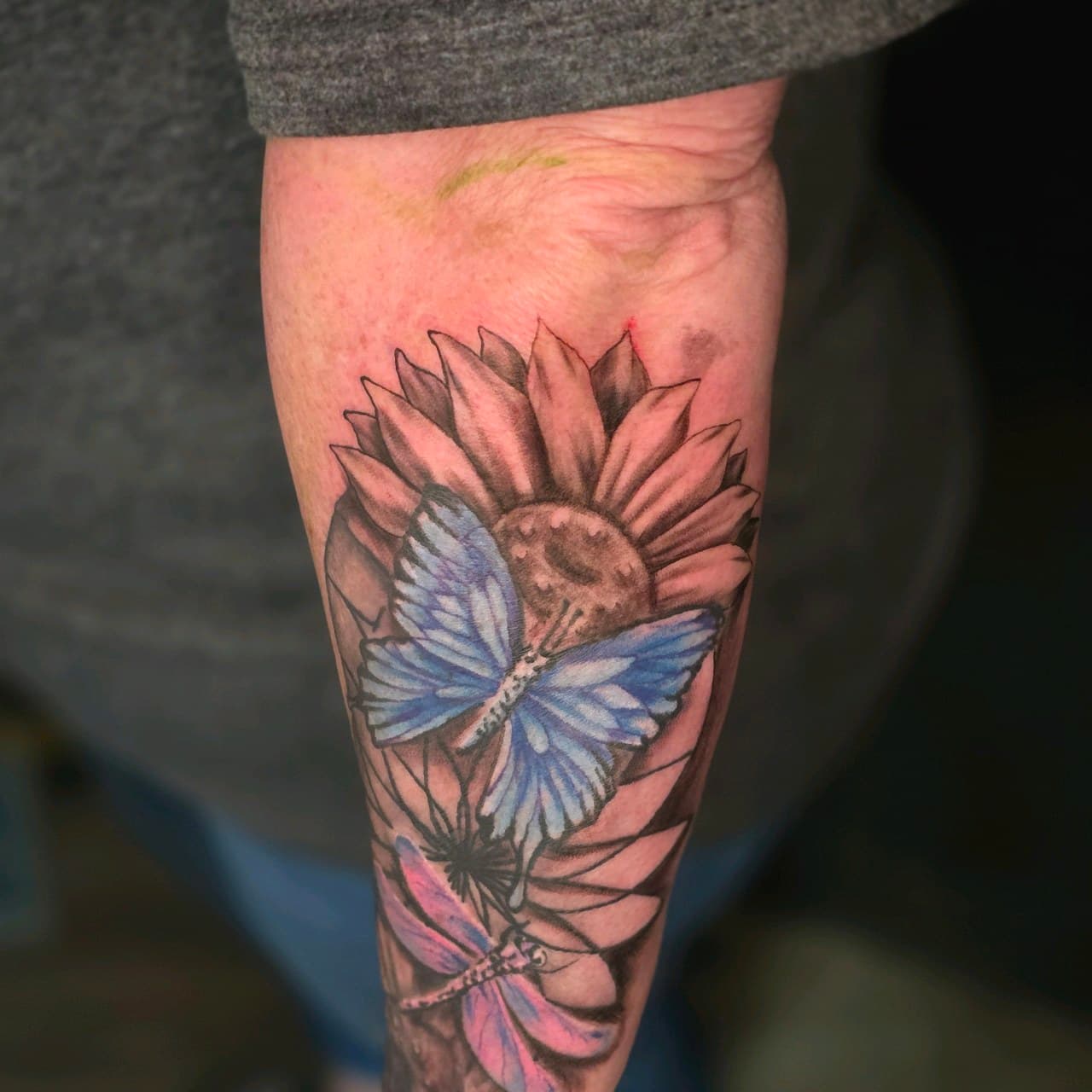 Floral + Color sunflower tattoo on Forearm by Mars_Inko on TattMe
