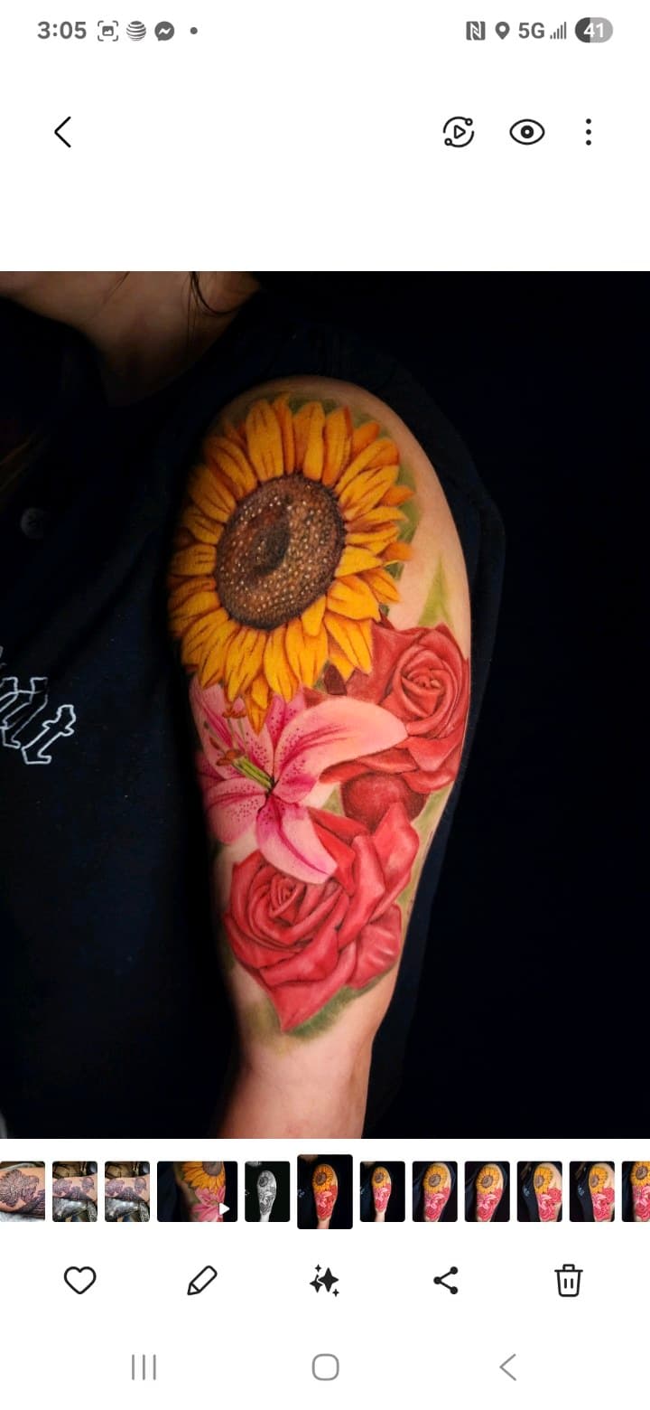 Floral + Color sunflower tattoo on Upper Arm by Mars_Inko on TattMe