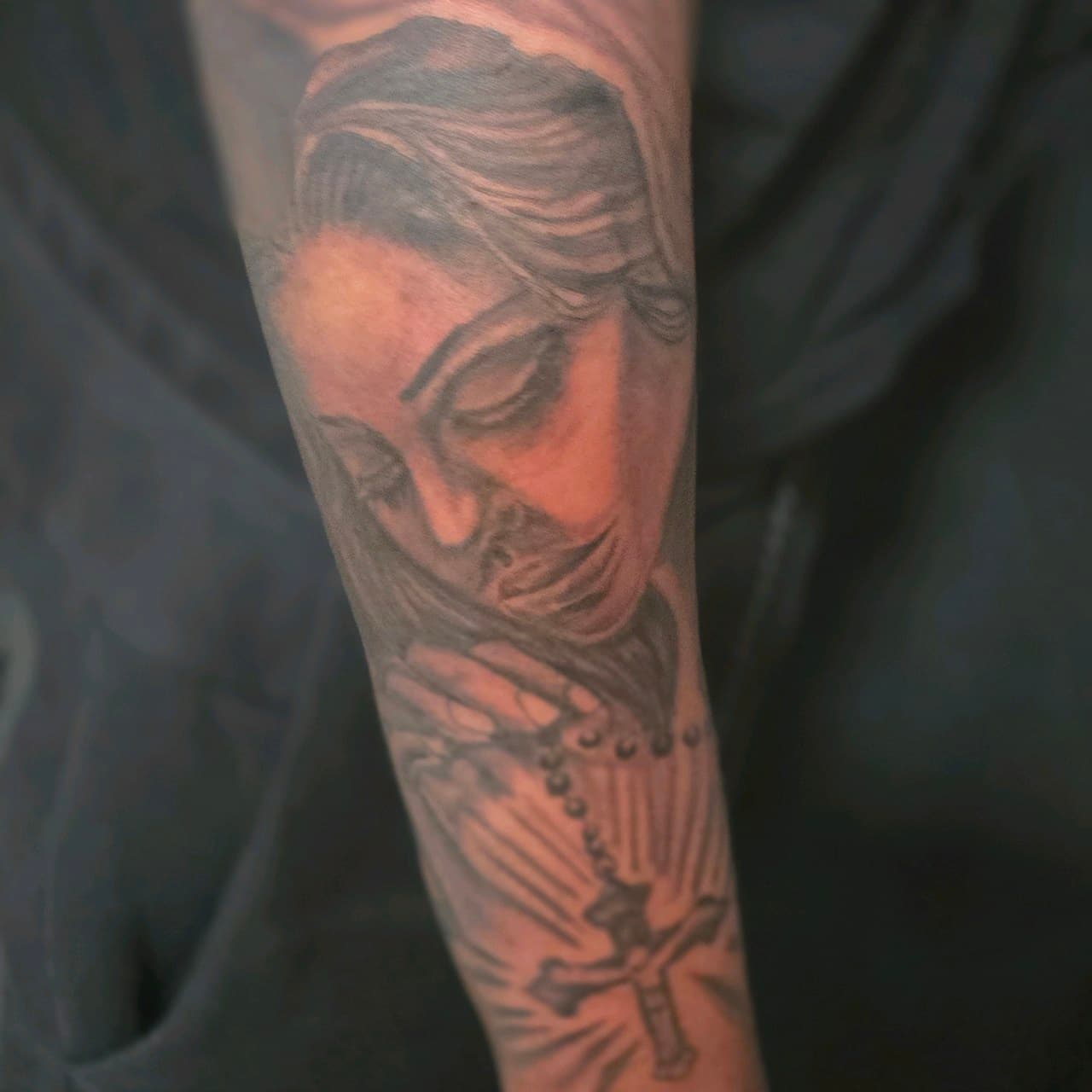Black & Grey + Illustrative religious figure tattoo on Forearm by Mars_Inko on TattMe