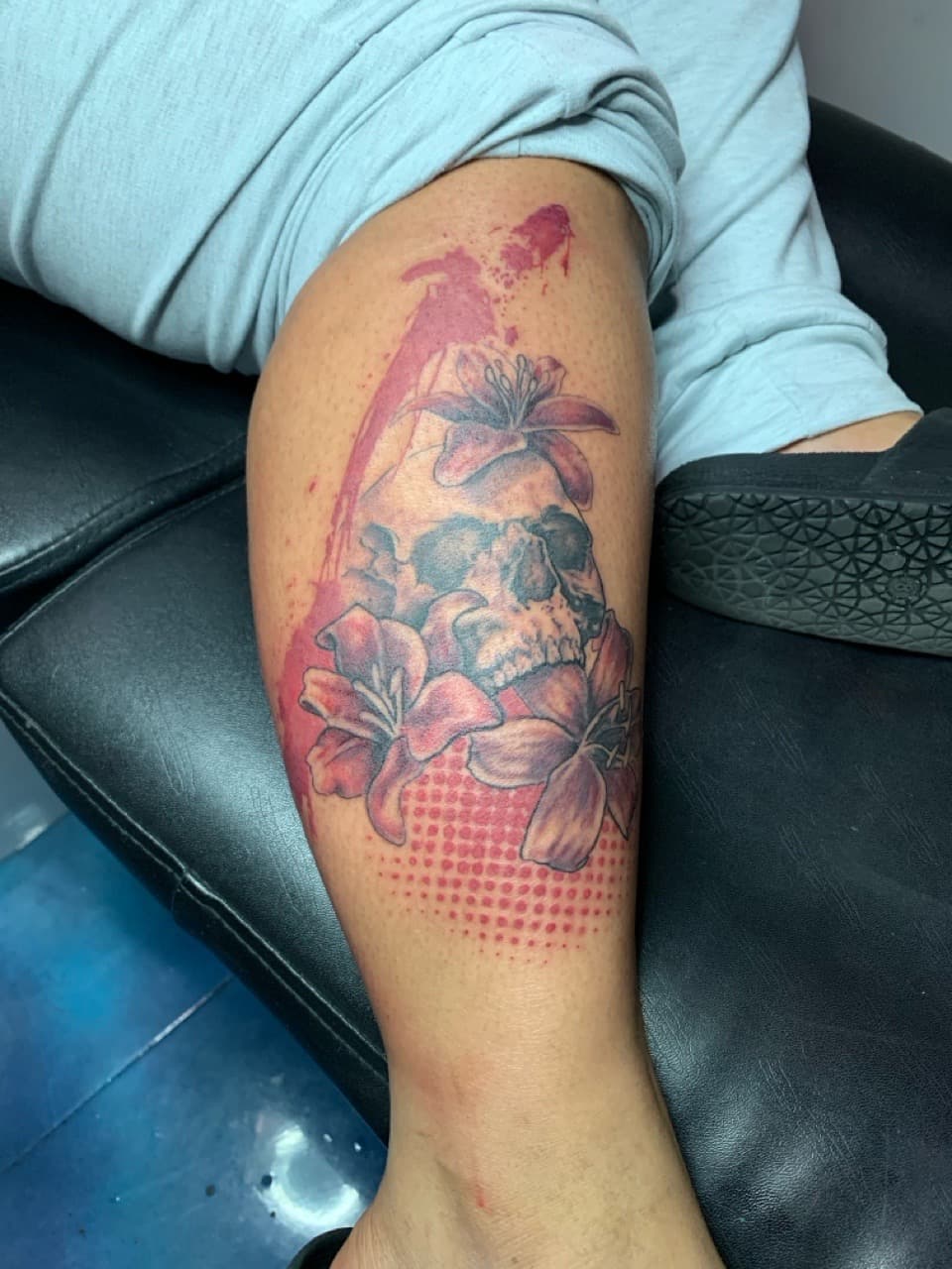 Trash Polka + Floral skull tattoo on Calf by INKK_LYFE on TattMe