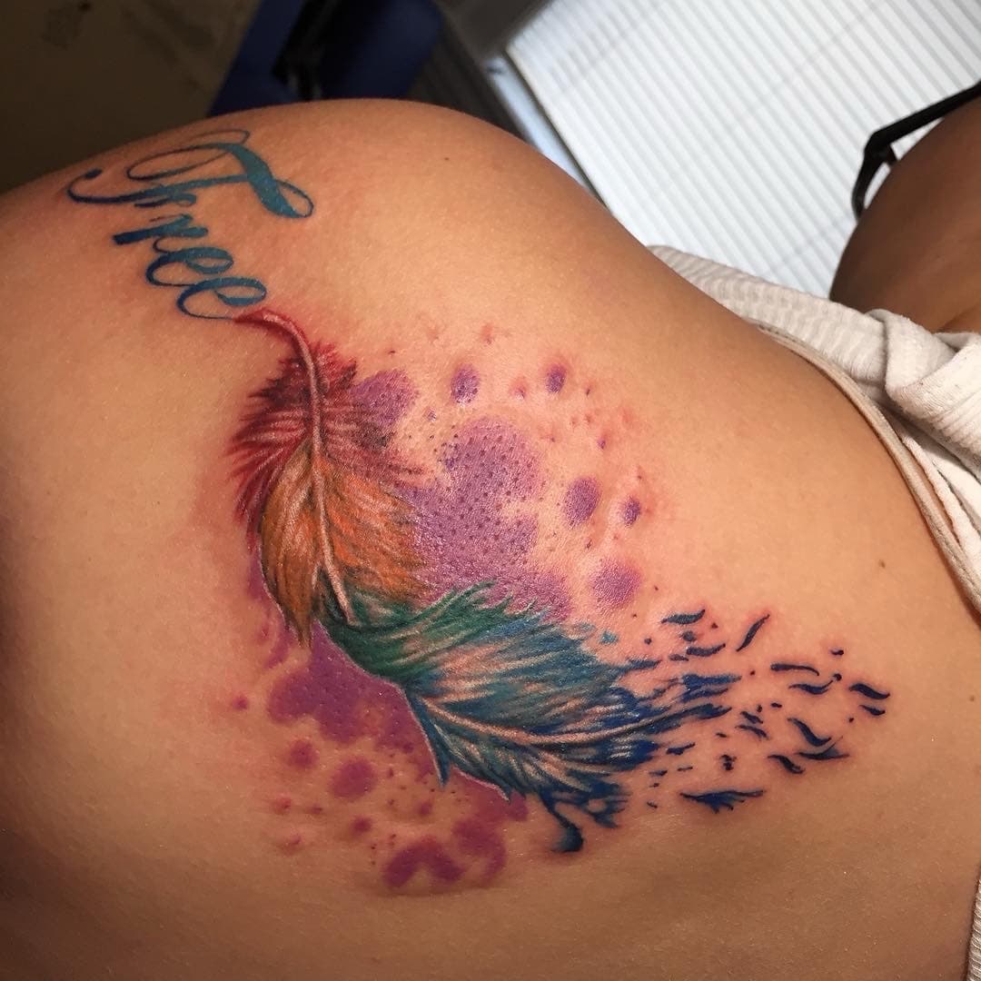 Watercolor + Color feather tattoo on Shoulder Blade by INKK_LYFE on TattMe