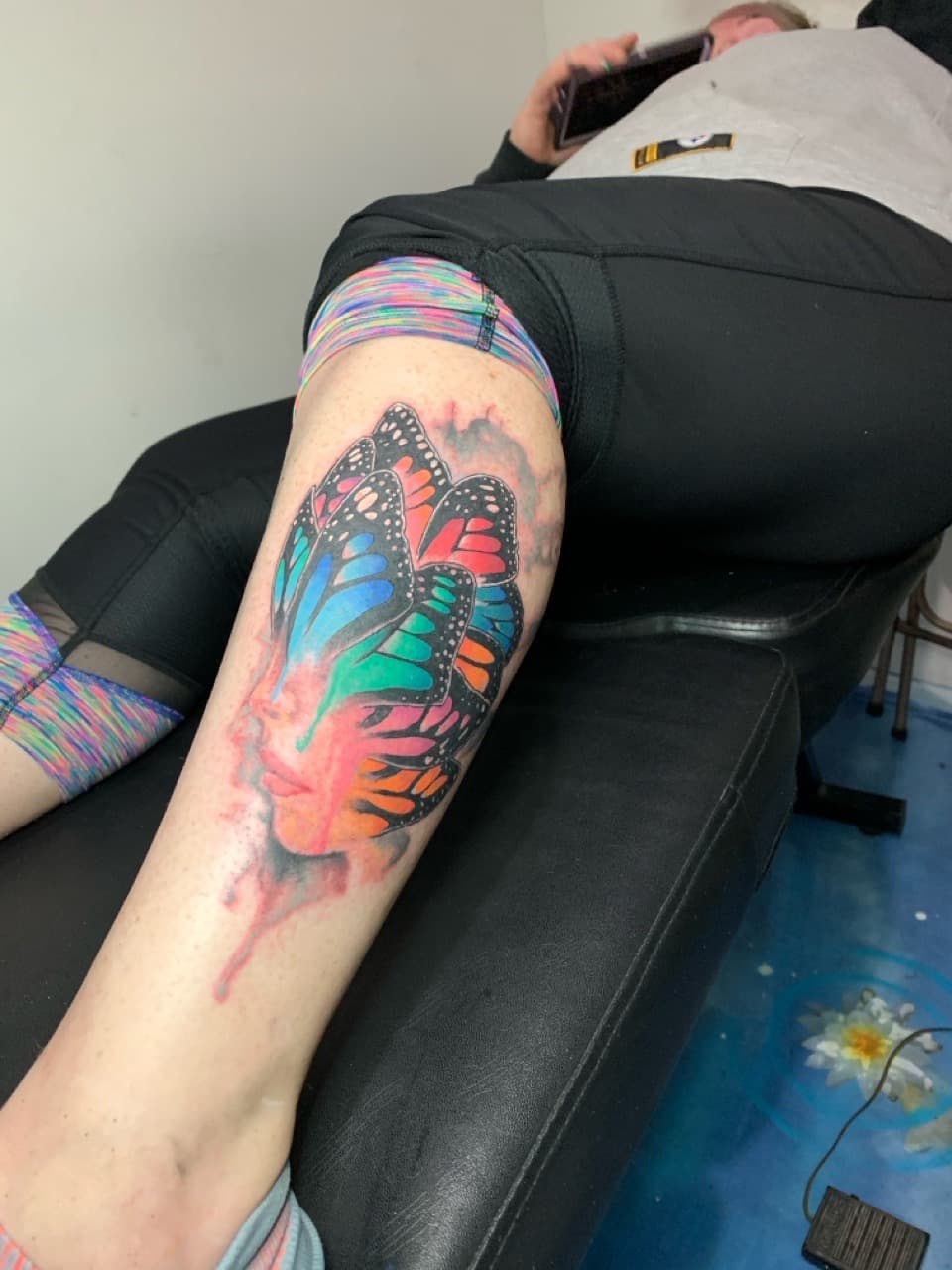 Watercolor + Color female face tattoo on Calf by INKK_LYFE on TattMe