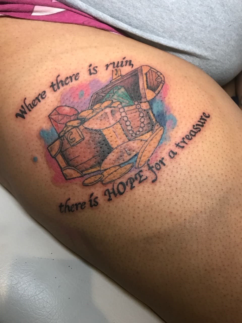 Illustrative + Watercolor treasure chest tattoo on Thigh by INKK_LYFE on TattMe