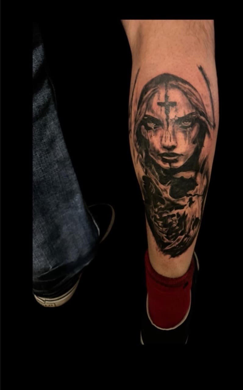 Black & Grey + Realism woman tattoo on Calf by Surrender_Ink on TattMe