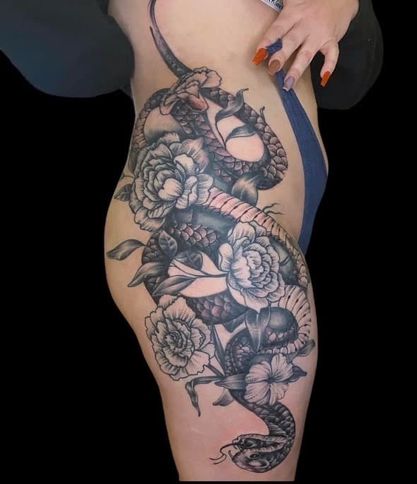 Black & Grey + Realism snake tattoo on Hip by Surrender_Ink on TattMe