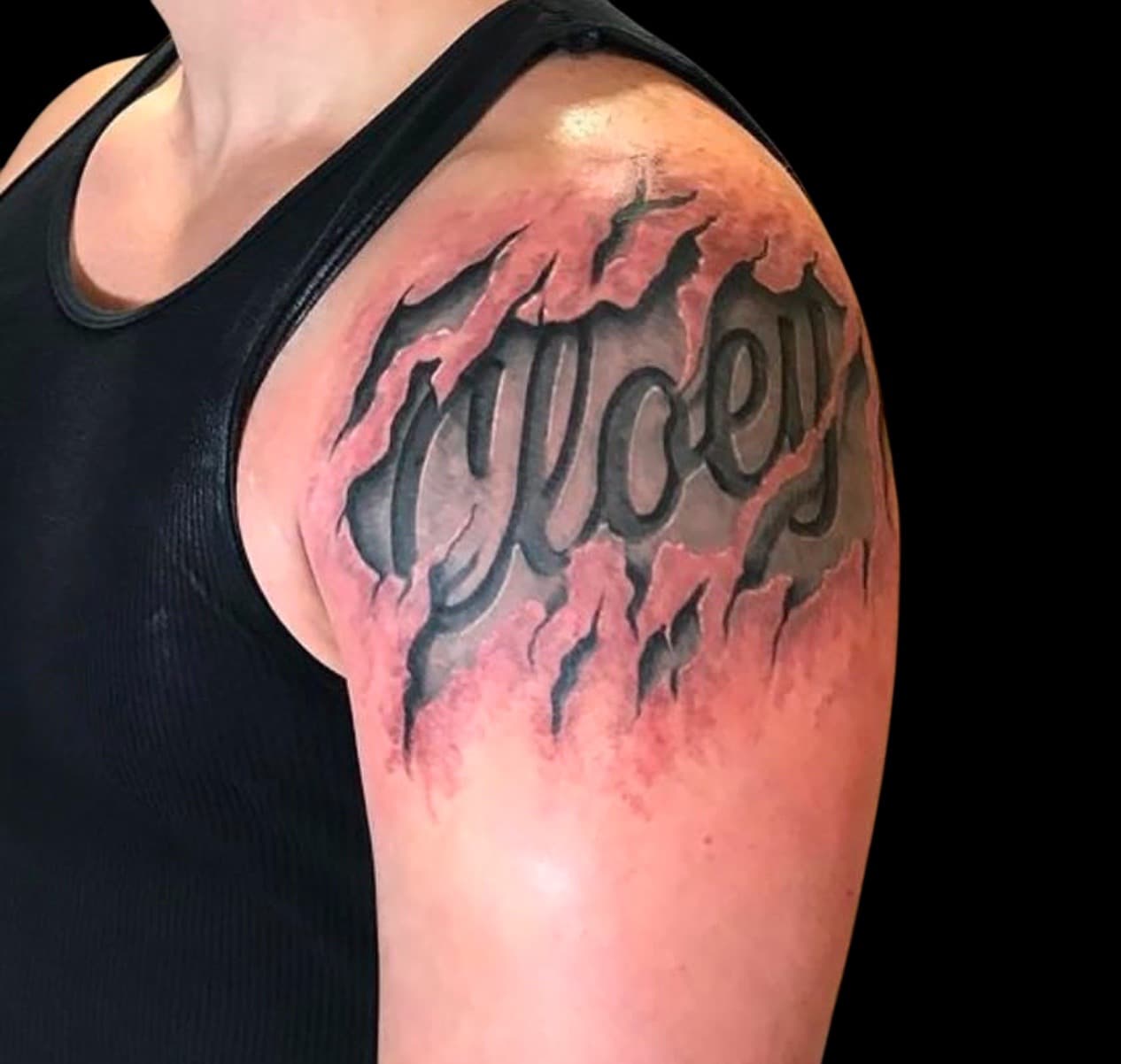 3D + Lettering ripped skin tattoo on Shoulder by Surrender_Ink on TattMe