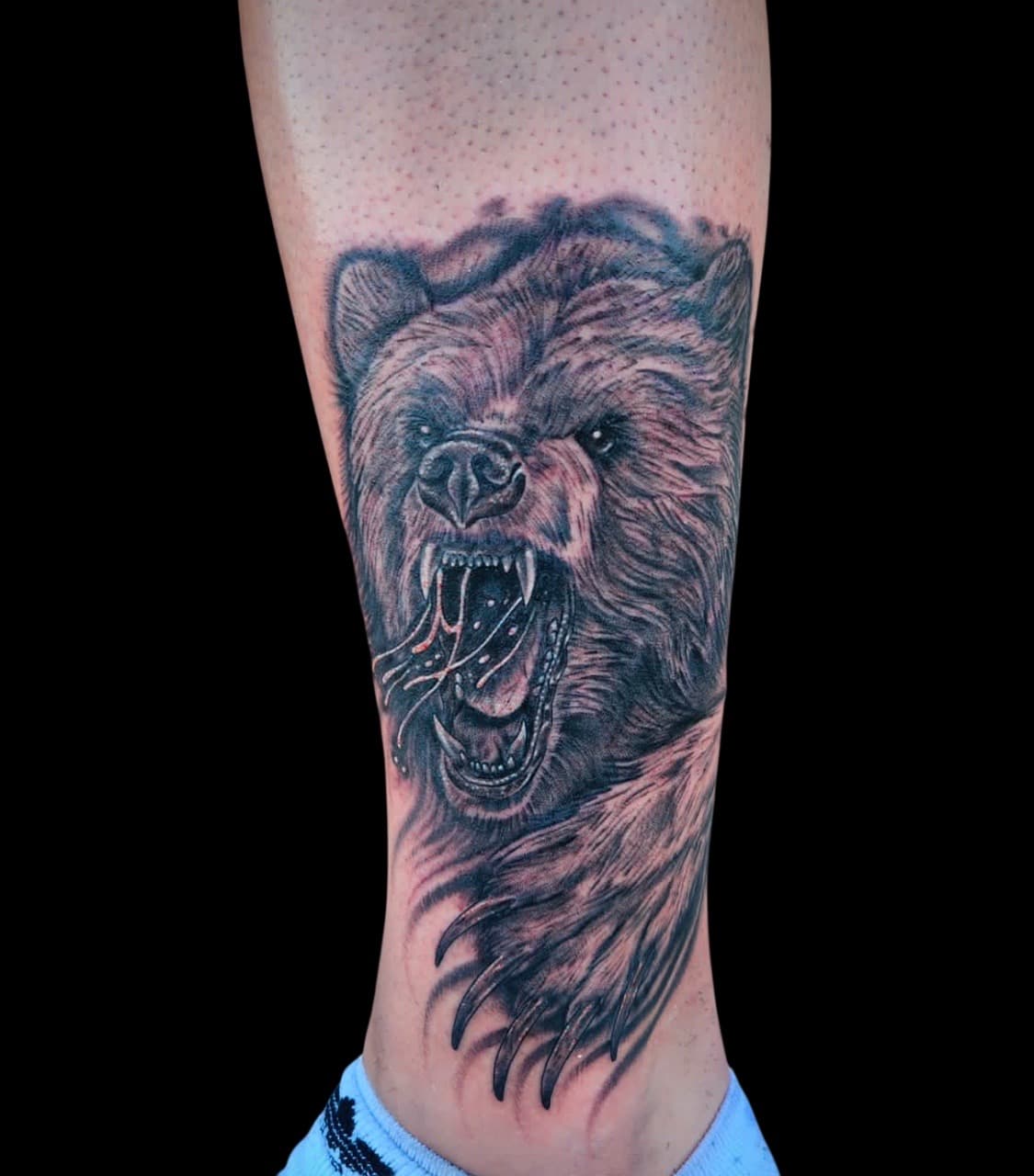 Black & Grey + Realism bear tattoo on Calf by Surrender_Ink on TattMe