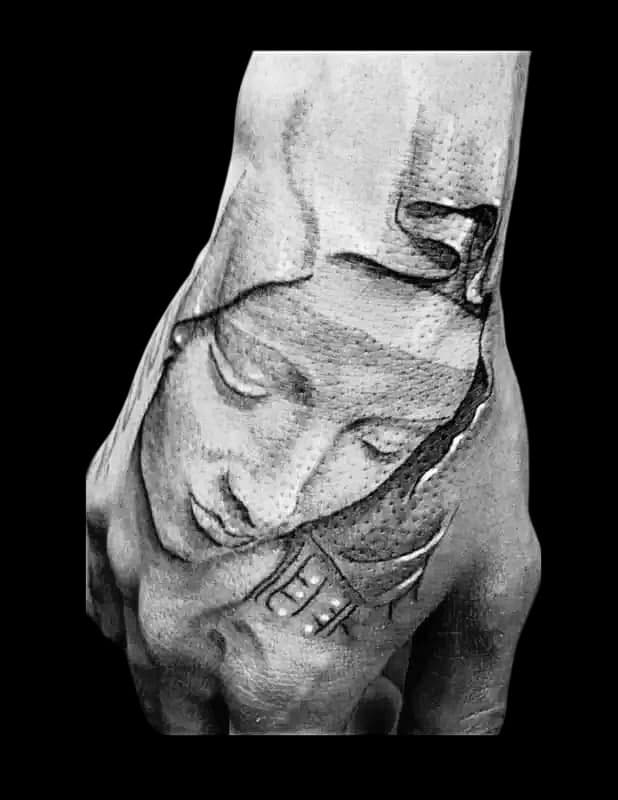 Black & Grey + Realism woman tattoo on Hand by Surrender_Ink on TattMe