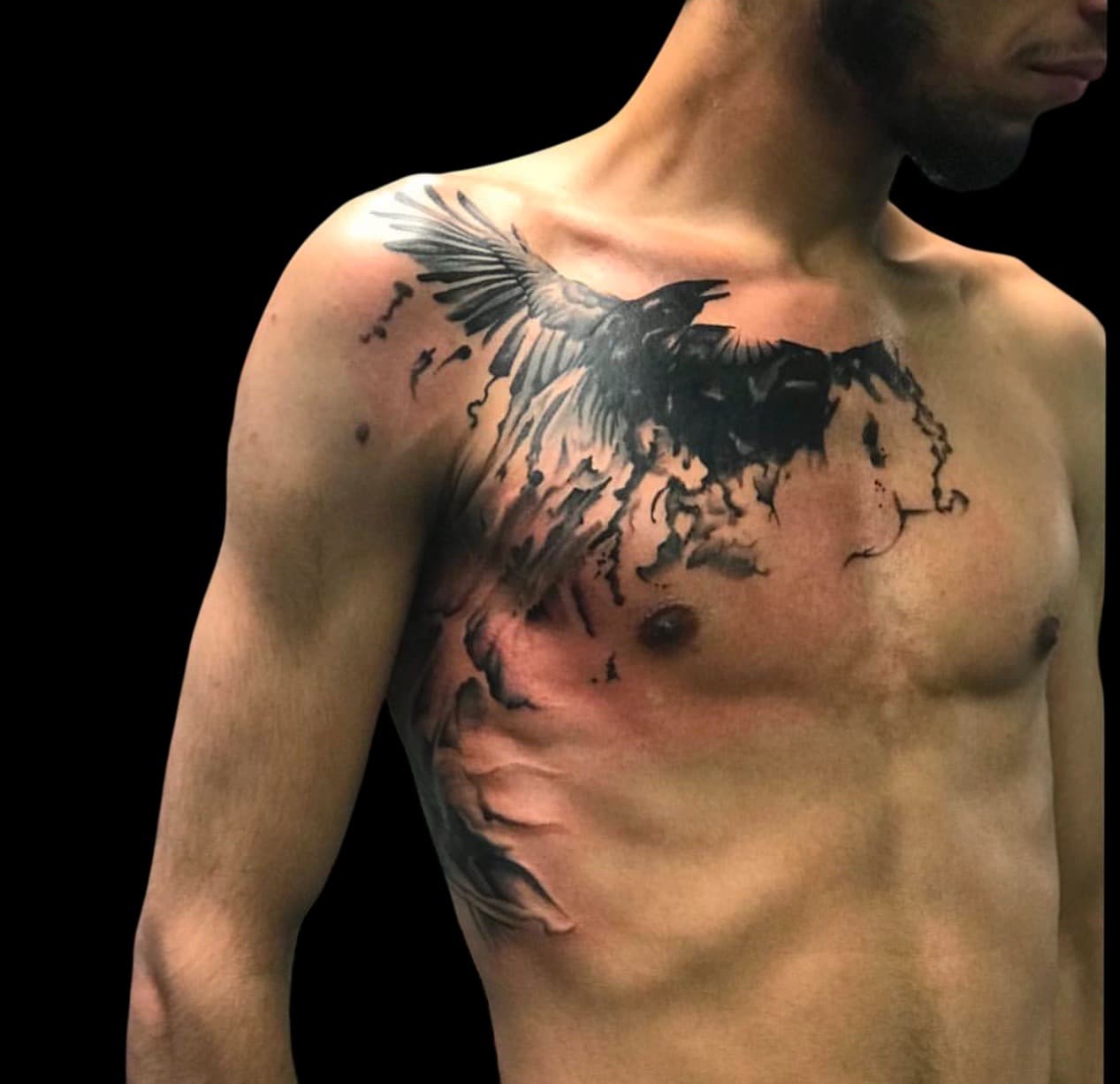 Black & Grey + Illustrative raven tattoo on Chest by Surrender_Ink on TattMe