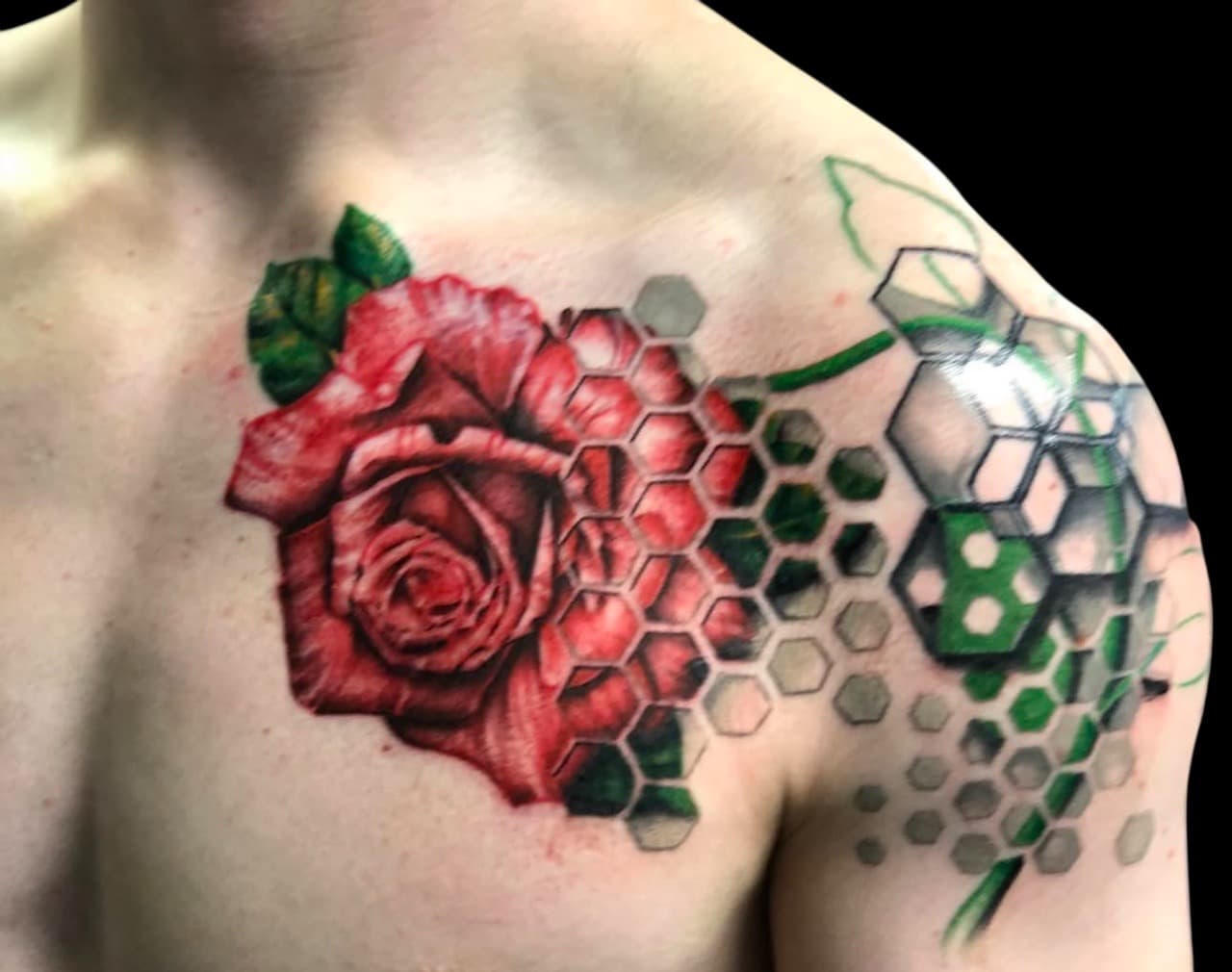 Geometric + Color rose tattoo on Shoulder by Surrender_Ink on TattMe