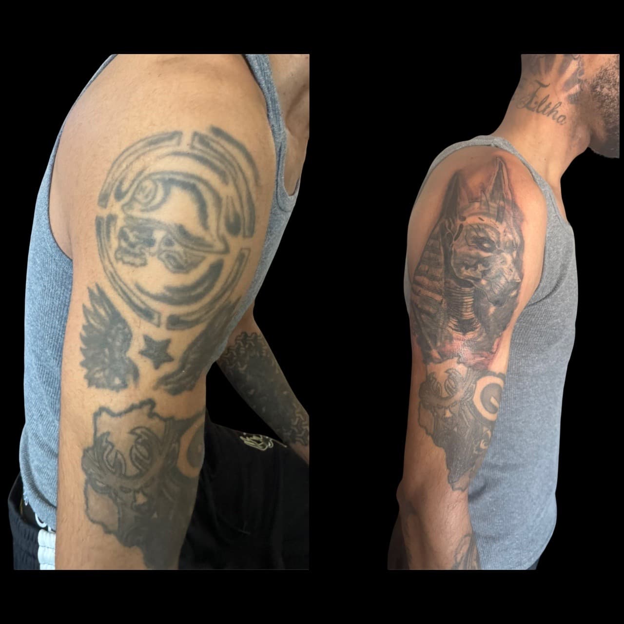 Black & Grey + Cover-Ups anubis tattoo on Half Sleeve by Surrender_Ink on TattMe