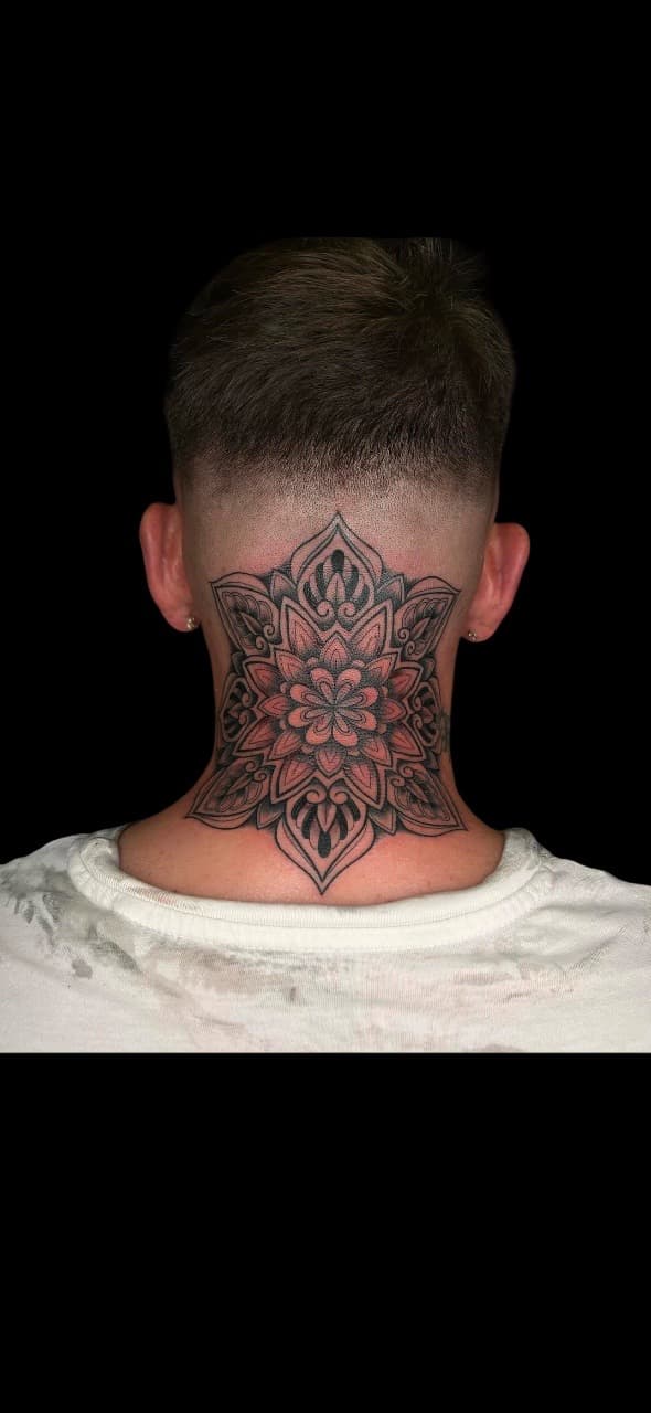 Mandala + Dot-work flower tattoo on Neck (Back) by Surrender_Ink on TattMe