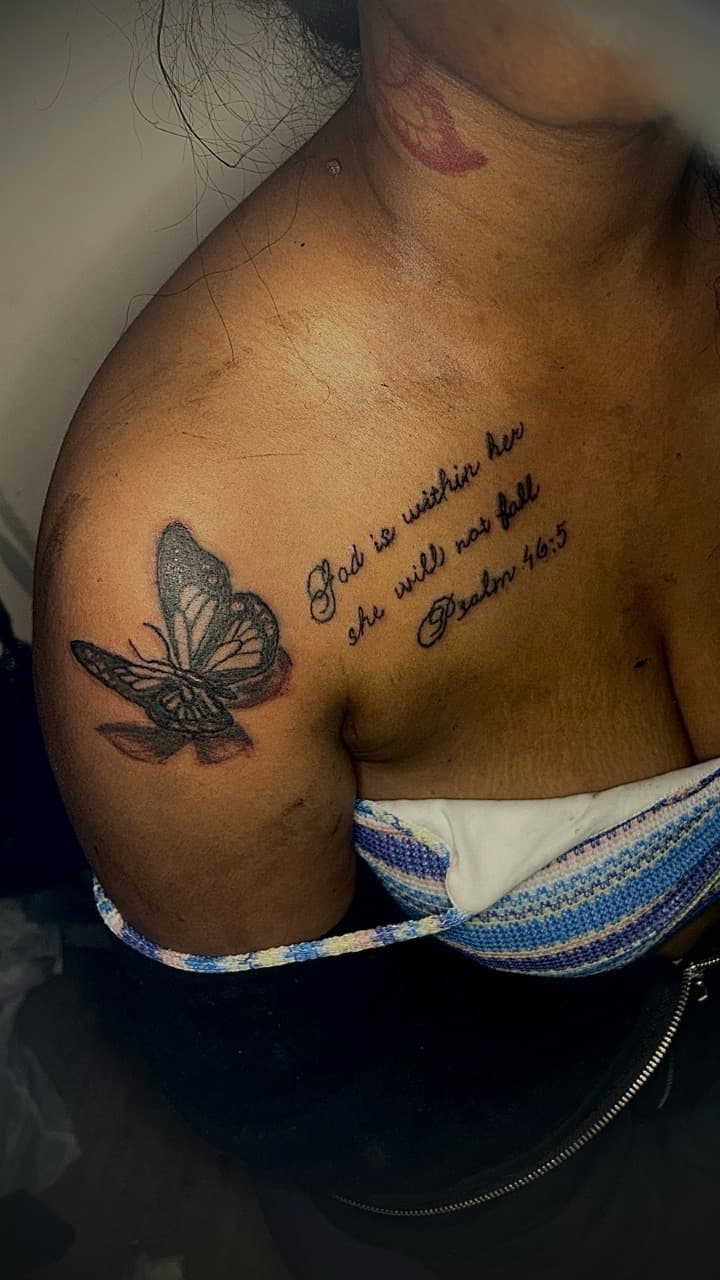 Black & Grey + Script butterfly tattoo on Shoulder by drippy901 on TattMe