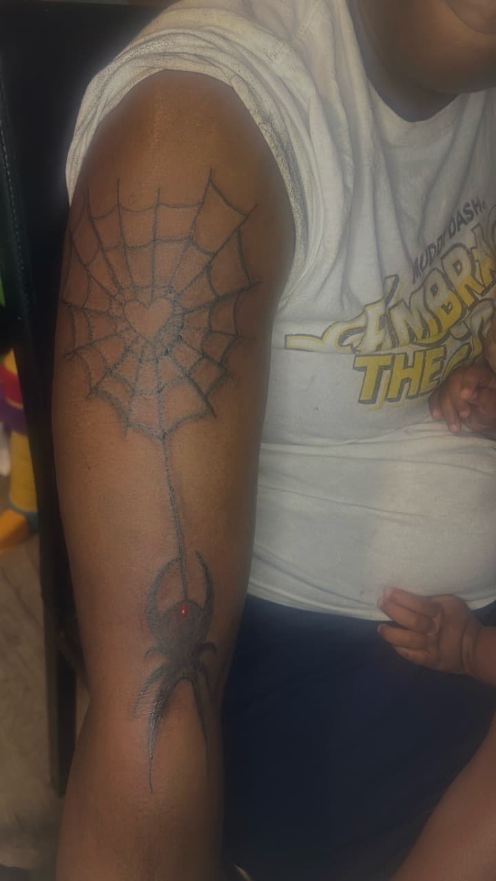 Black-work + Line-work spider tattoo on Upper Arm by drippy901 on TattMe