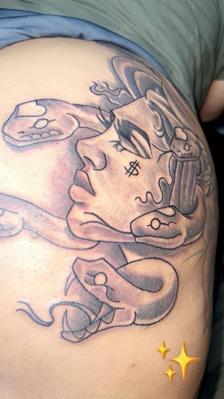 Black & Grey + Illustrative medusa tattoo on Thigh by Jay on TattMe