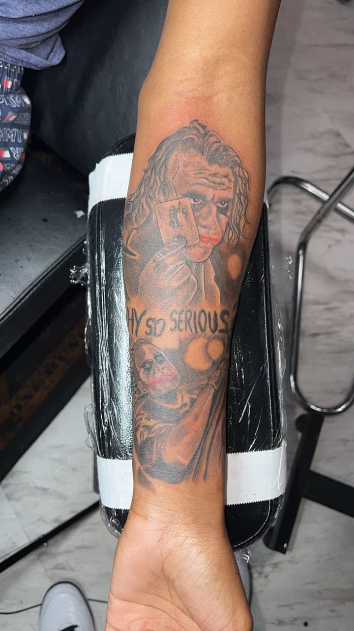 Realism + Portrait joker tattoo on Forearm by Jay on TattMe