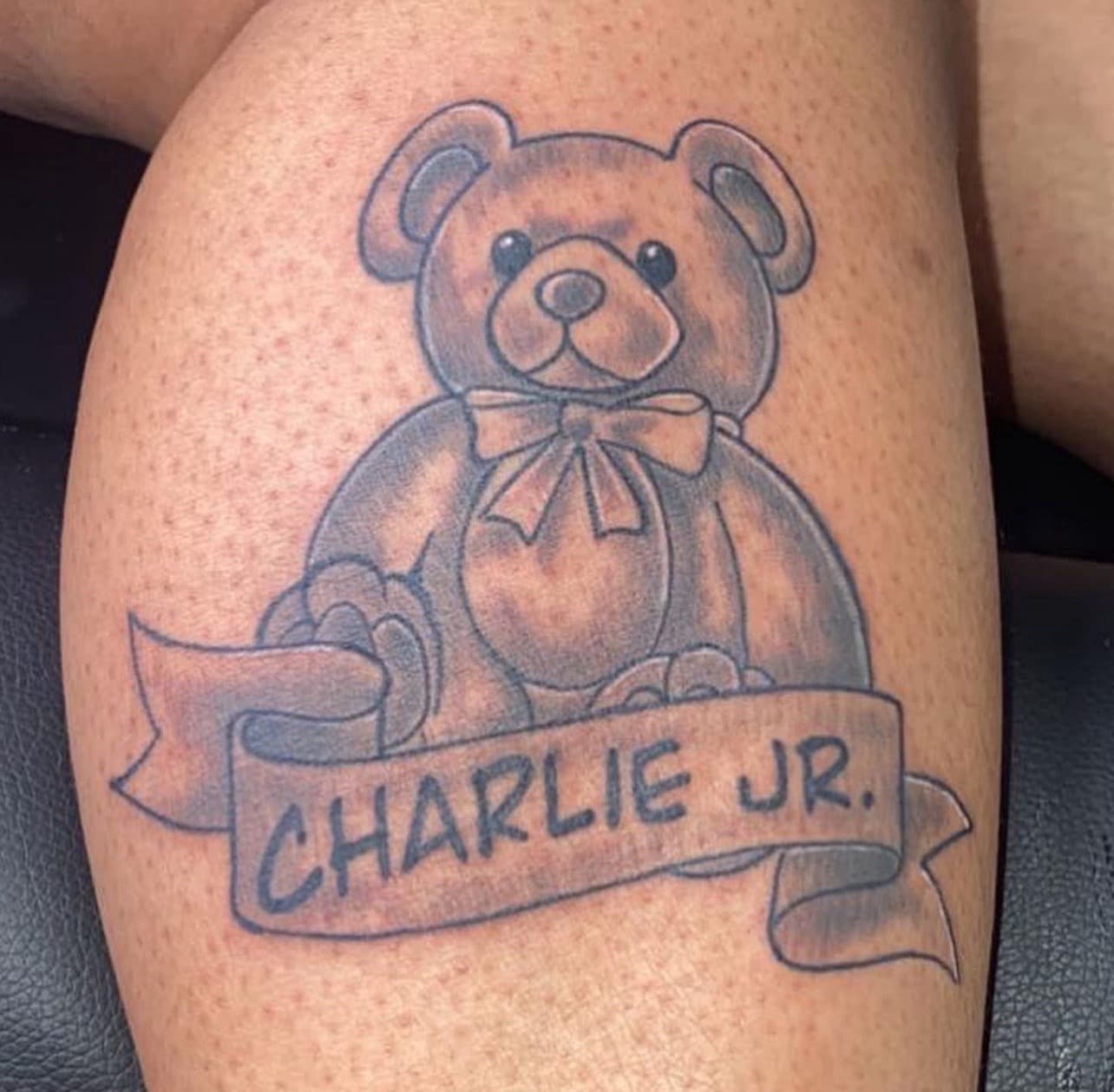 Black & Grey + Illustrative teddy bear tattoo on Calf by Jay on TattMe