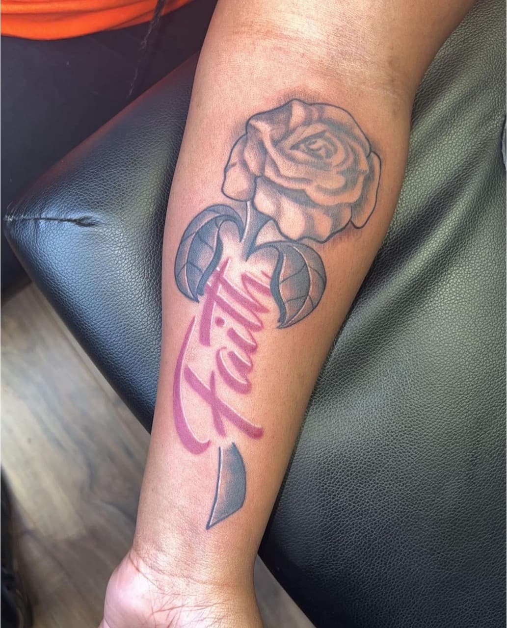 Black & Grey + Lettering rose tattoo on Forearm by Jay on TattMe