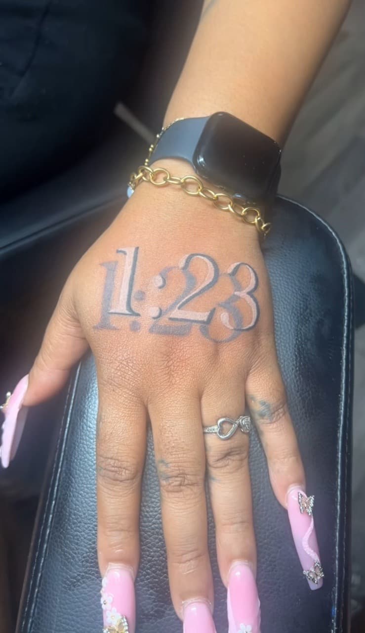Lettering + Black & Grey numbers tattoo on Hand by Jay on TattMe