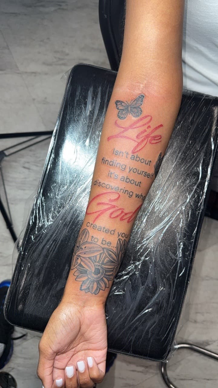 Lettering + Script butterfly tattoo on Forearm by Jay on TattMe