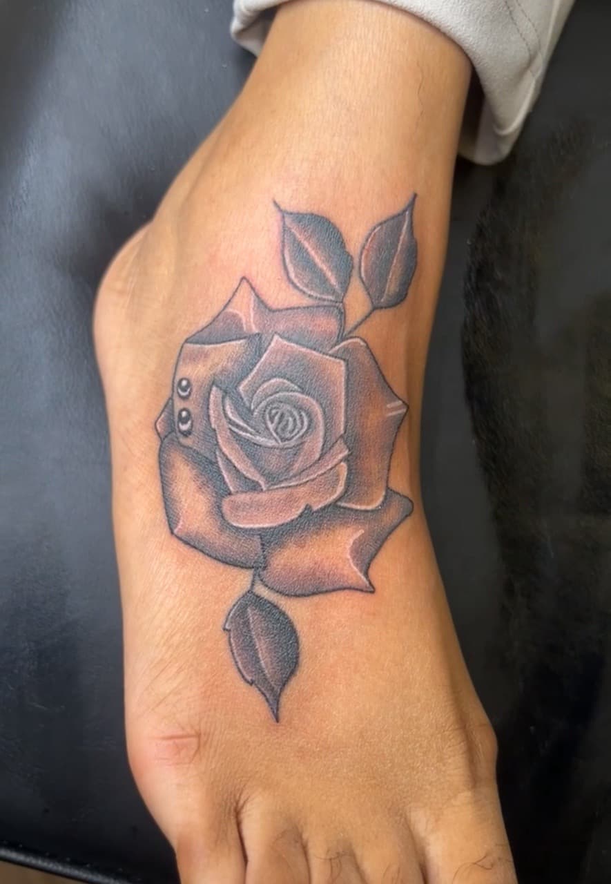 Black & Grey + Floral rose tattoo on Foot by Jay on TattMe
