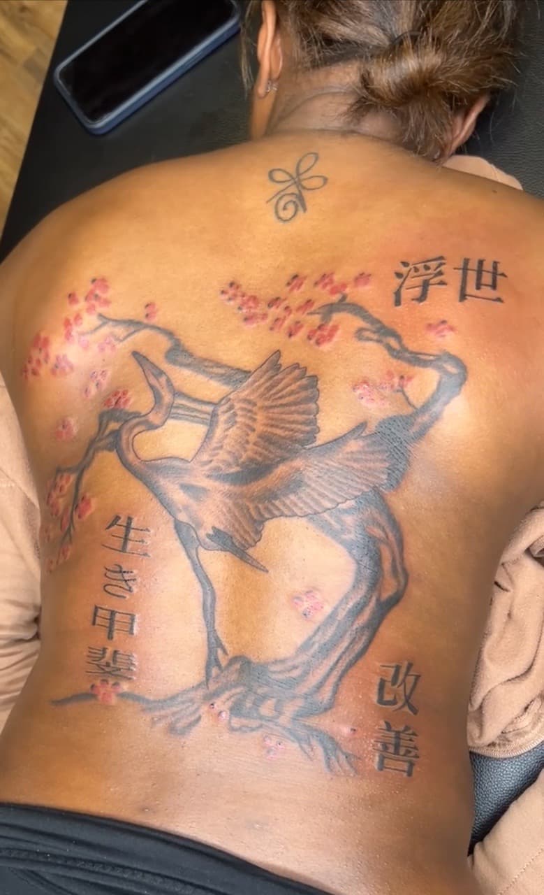 Japanese + Black & Grey crane tattoo on Upper Back by Jay on TattMe