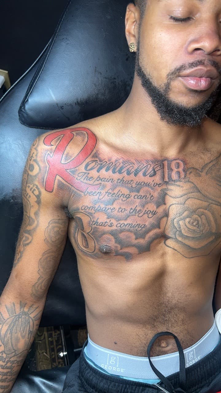 Lettering + Script scripture tattoo on Chest by Jay on TattMe