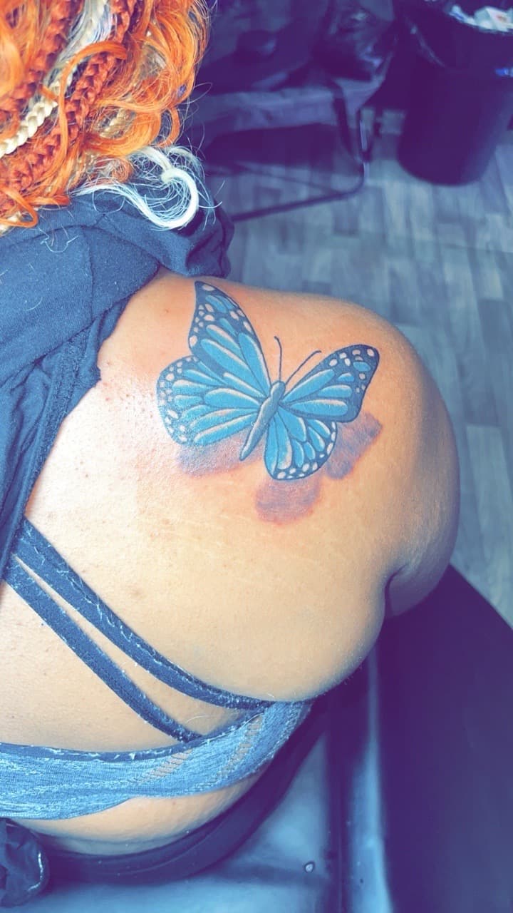 Color + Fine Line butterfly tattoo on Shoulder Blade by Jay on TattMe