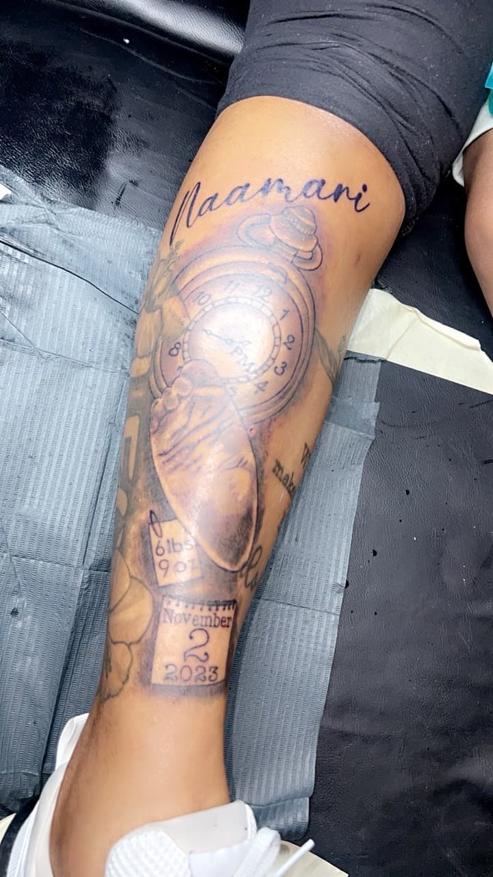 Lettering + Black & Grey name tattoo on Calf by Jay on TattMe