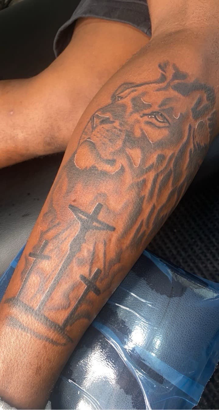 Black & Grey + Realism lion tattoo on Forearm by Jay on TattMe