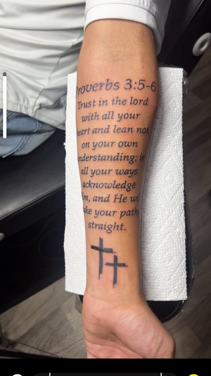 Lettering + Script scripture tattoo on Forearm by Jay on TattMe