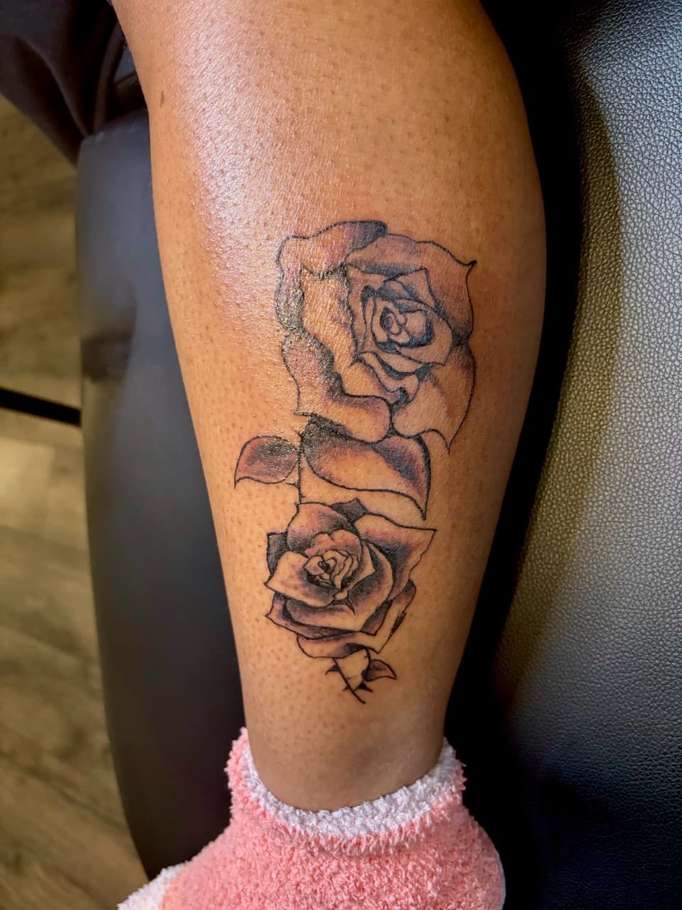 Black & Grey + Floral roses tattoo on Calf by Malik_Coates on TattMe