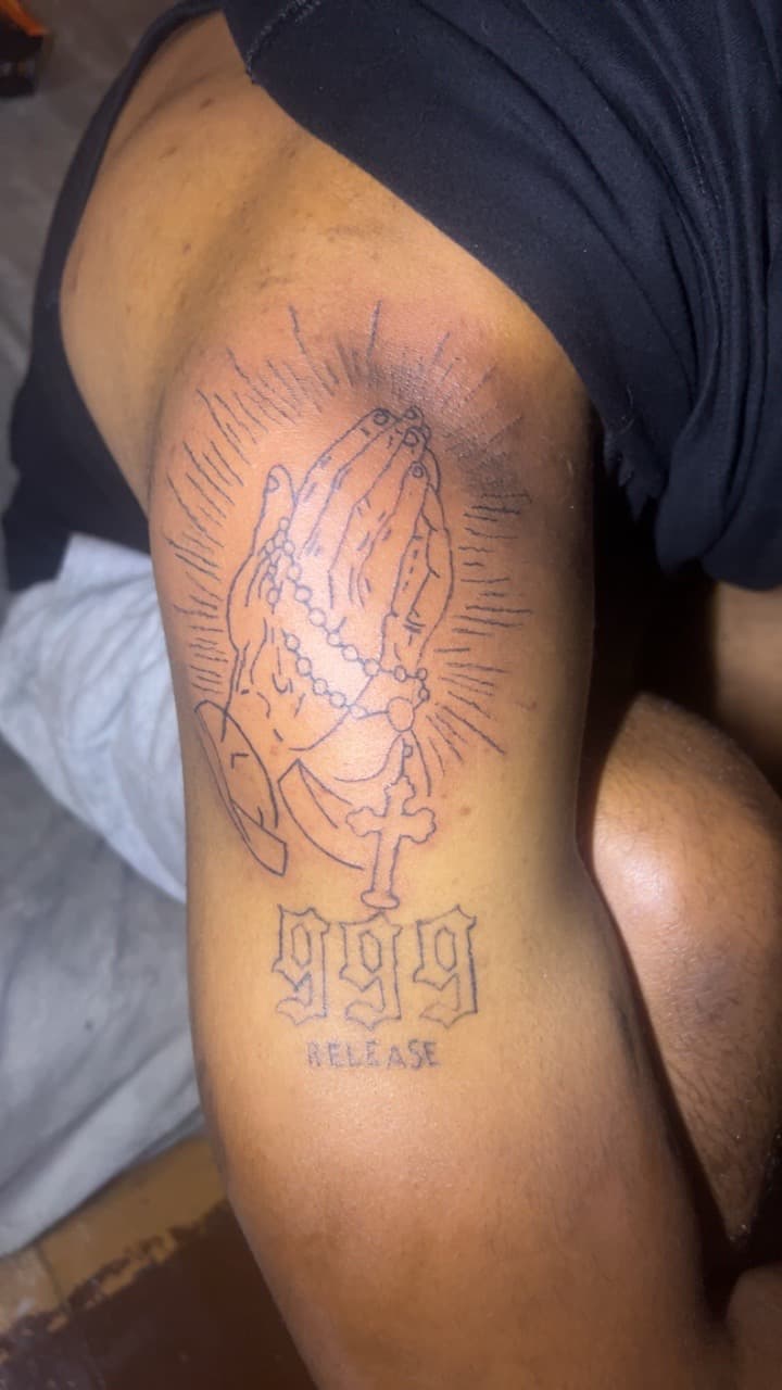 Line-work + Lettering praying hands tattoo on Thigh by Gages_works_1 on TattMe