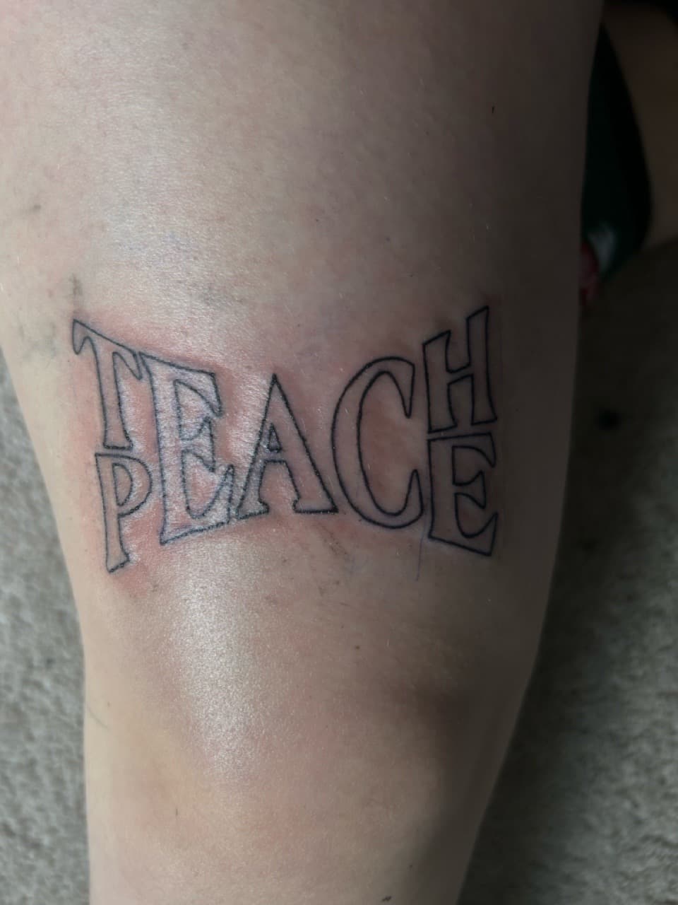 Lettering + Line-work teach tattoo on Thigh by b13nk on TattMe