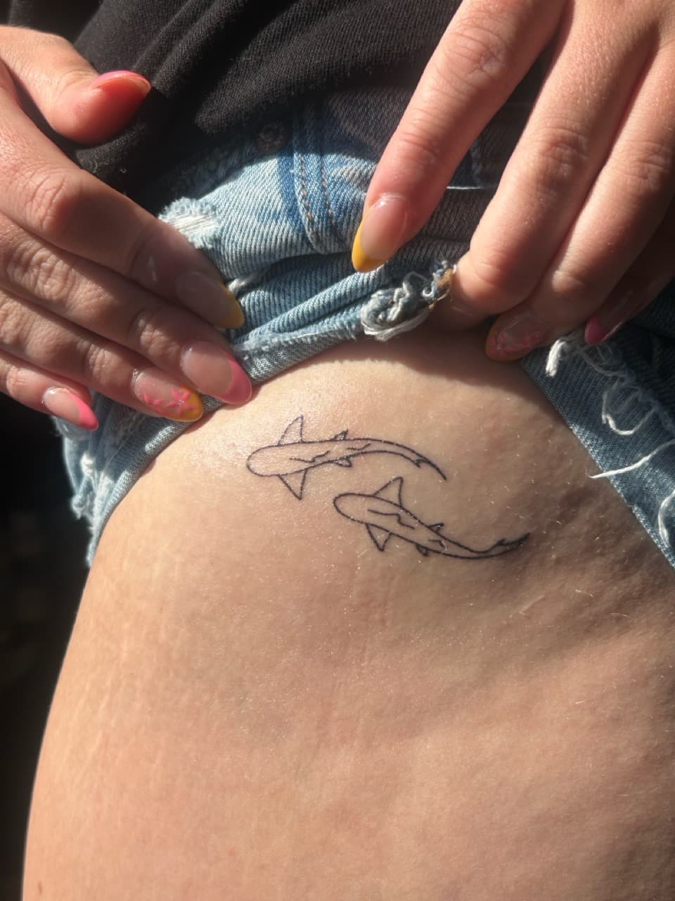 Fine Line + Minimalist sharks tattoo on Hip by b13nk on TattMe