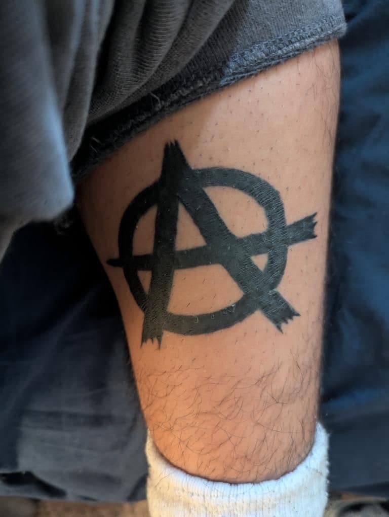 Black-work + Symbolic anarchy tattoo on Calf by b13nk on TattMe
