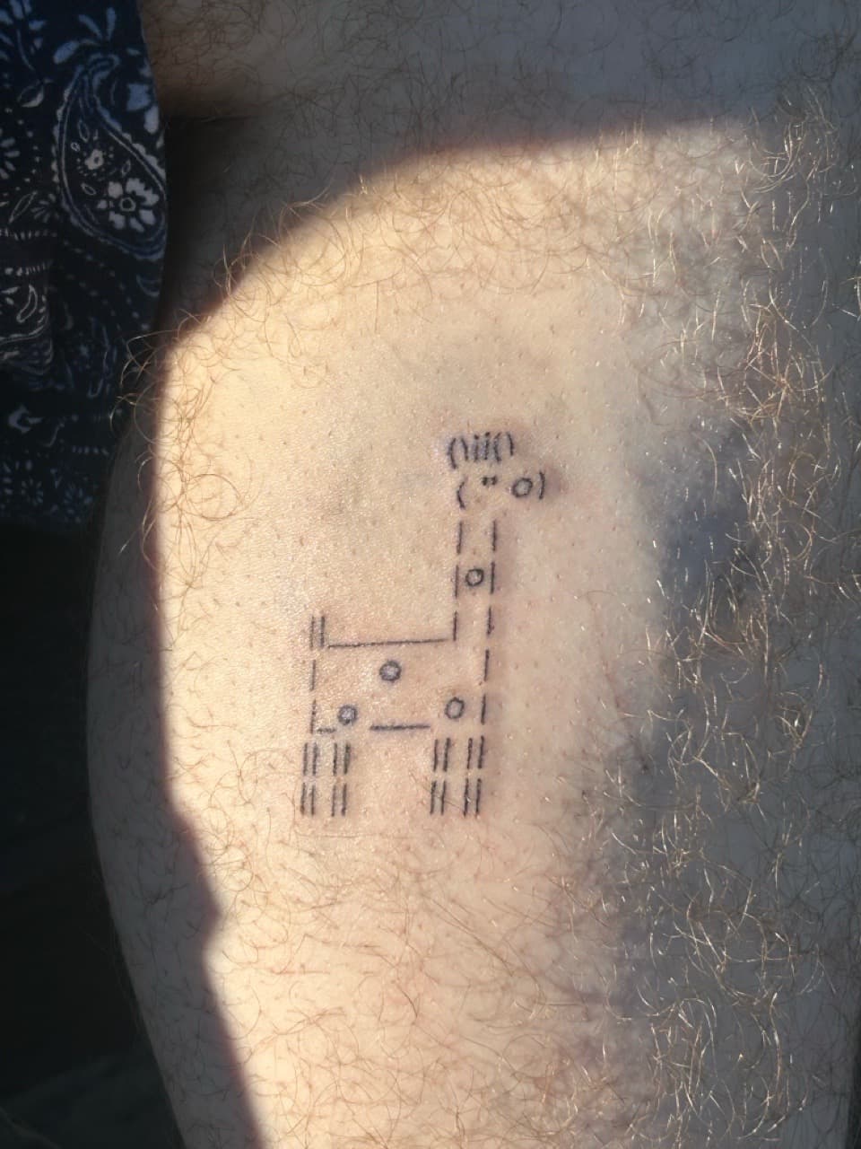 Minimalist + Black-work ascii art tattoo on Thigh by b13nk on TattMe