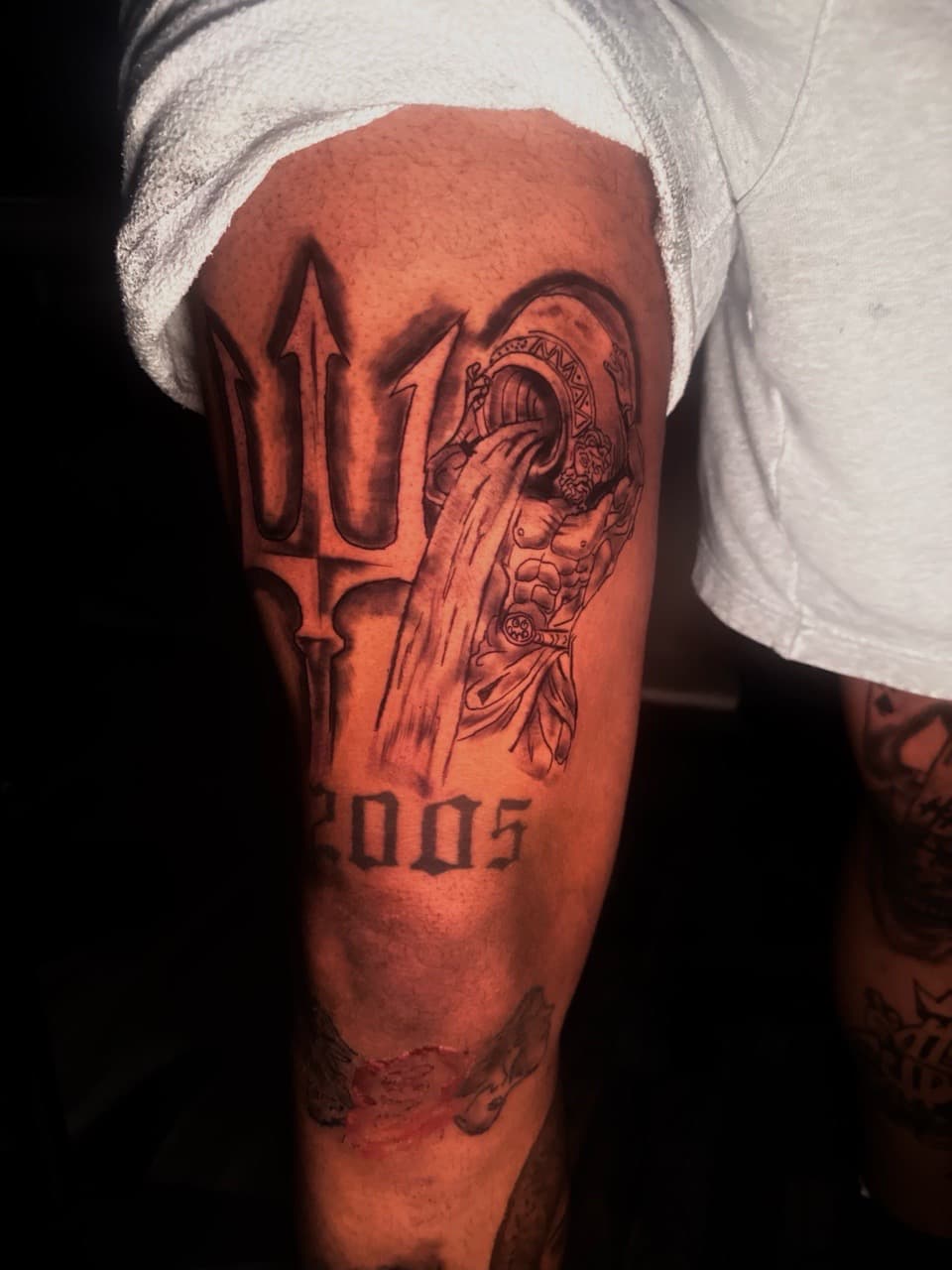 Black & Grey + Illustrative trident tattoo on Thigh by Inkbyjmoney on TattMe