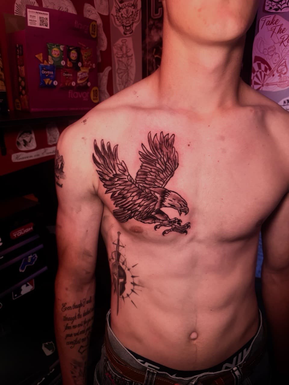 Black-work + Illustrative eagle tattoo on Chest by Inkbyjmoney on TattMe