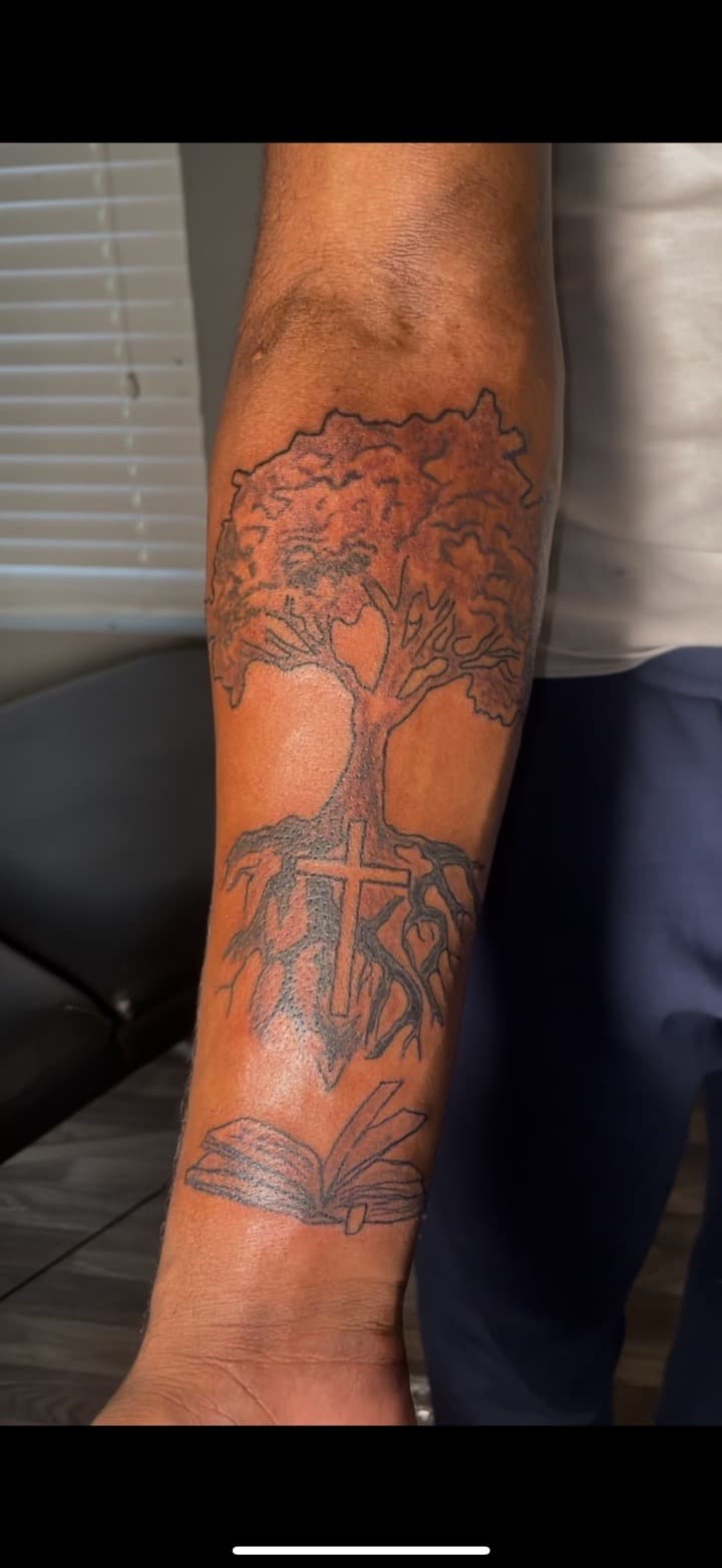 Black-work + Illustrative tree tattoo on Forearm by Inkbyjmoney on TattMe