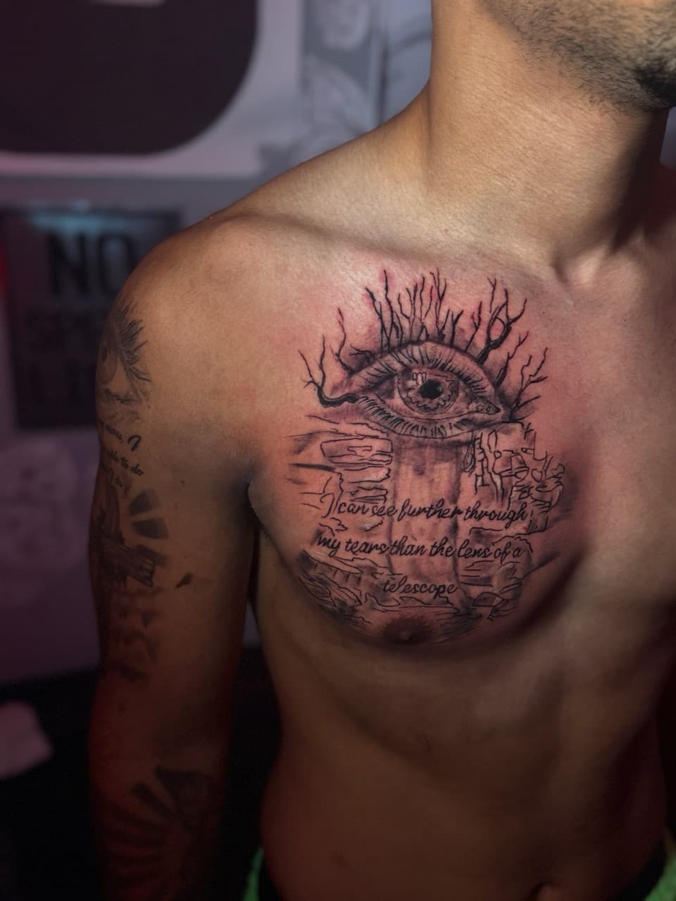 Black & Grey + Illustrative eye tattoo on Chest by Inkbyjmoney on TattMe