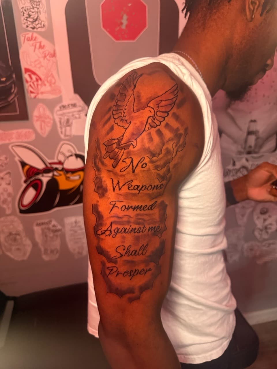 Black & Grey + Lettering dove tattoo on Upper Arm by Inkbyjmoney on TattMe