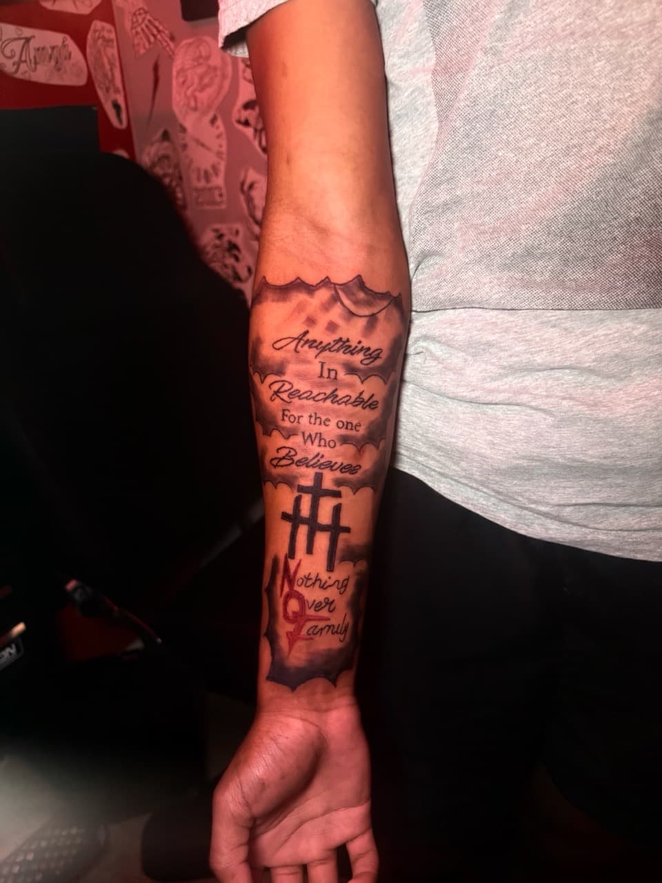 Lettering + Script clouds tattoo on Forearm by Inkbyjmoney on TattMe