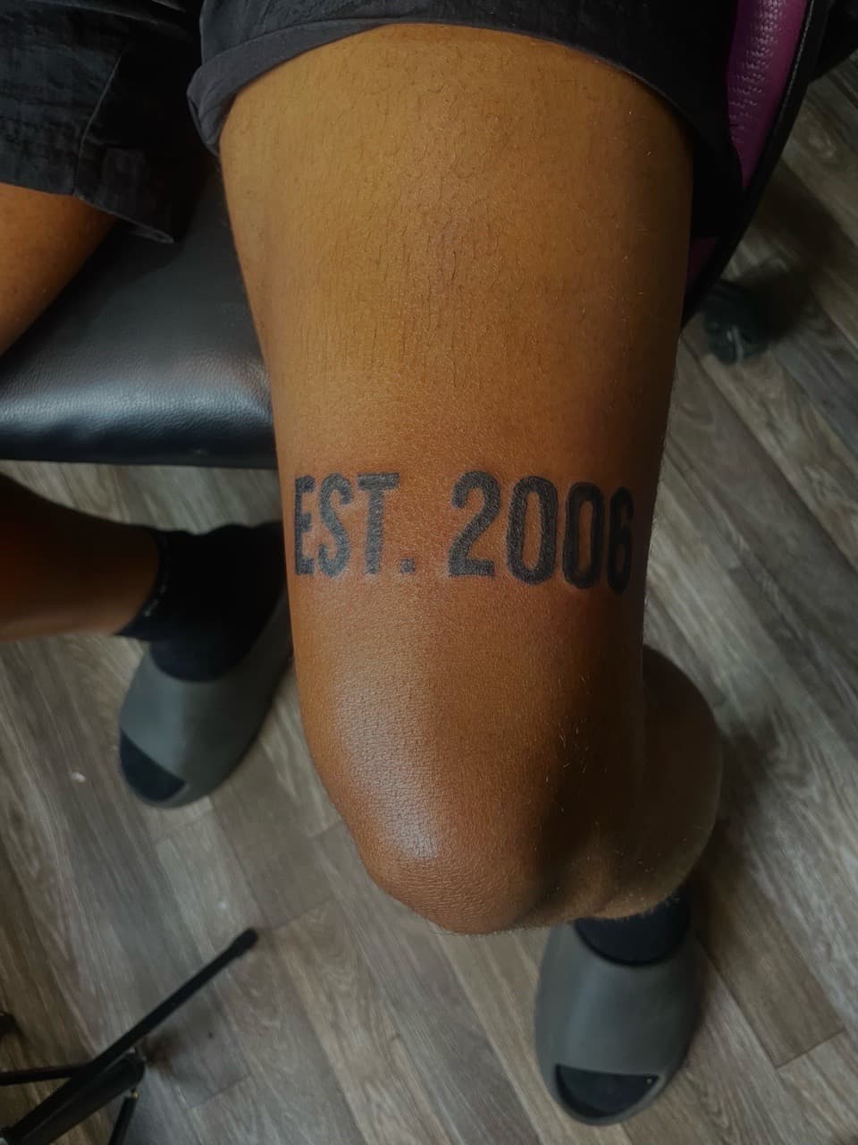 Lettering + Black-work date tattoo on Thigh by Inkbyjmoney on TattMe