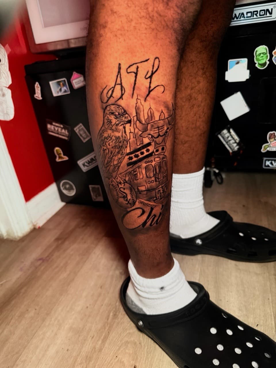 Illustrative + Black & Grey hawk tattoo on Calf by Inkbyjmoney on TattMe