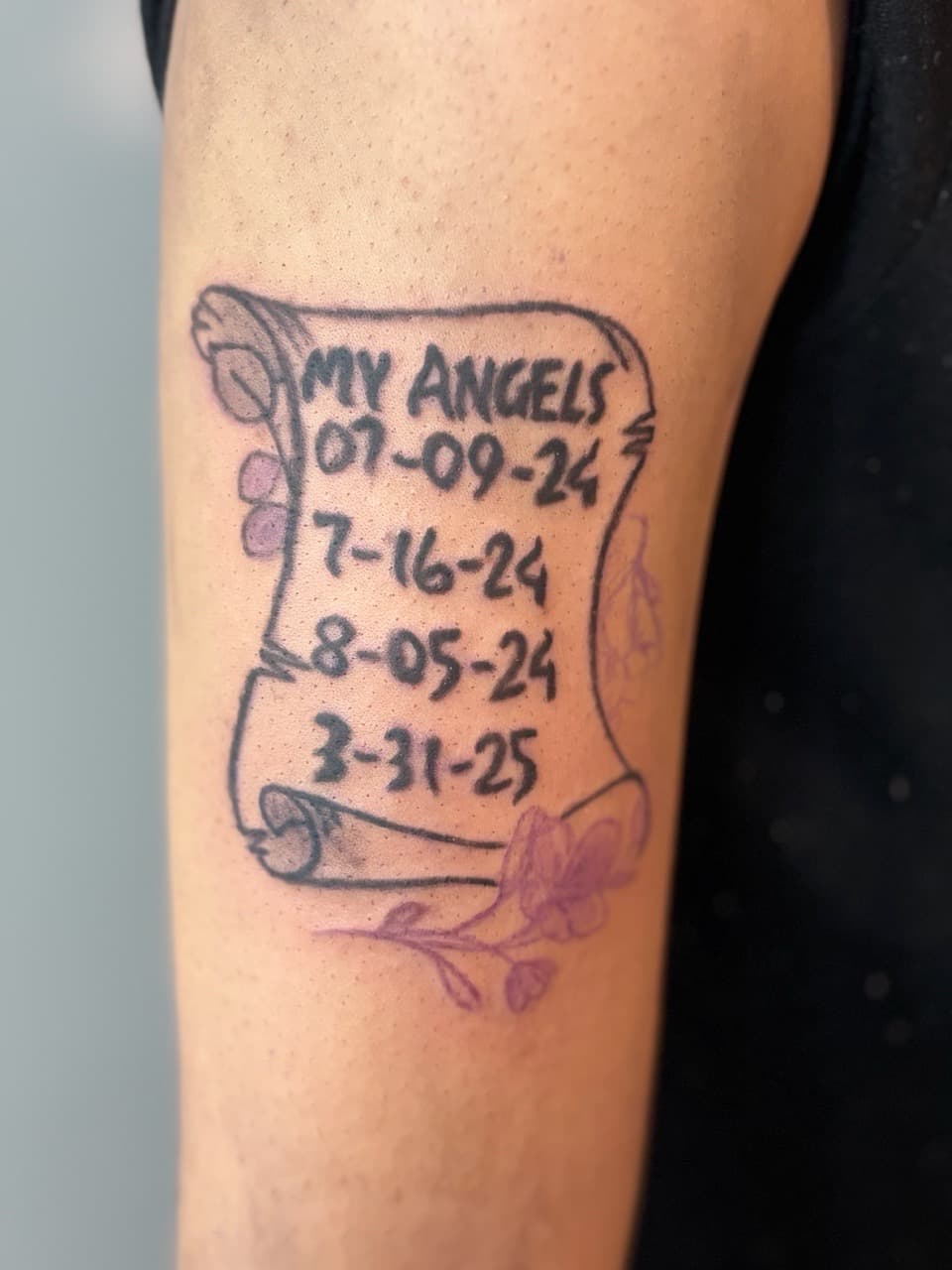 Lettering + Script scroll tattoo on Upper Arm by 3inkd on TattMe