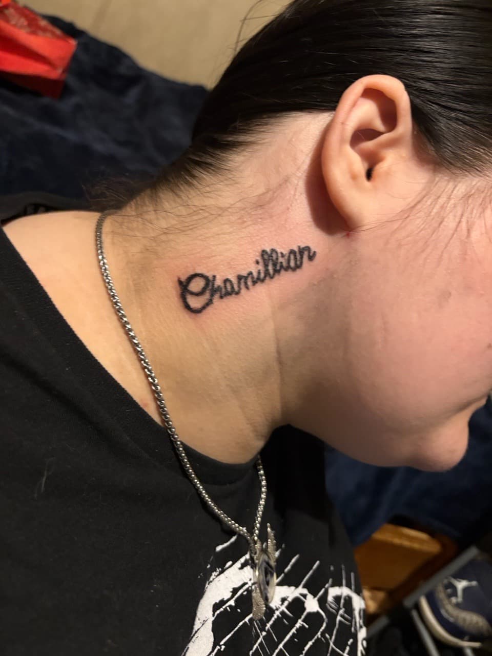 Lettering + Script name tattoo on Neck (Side) by 3inkd on TattMe