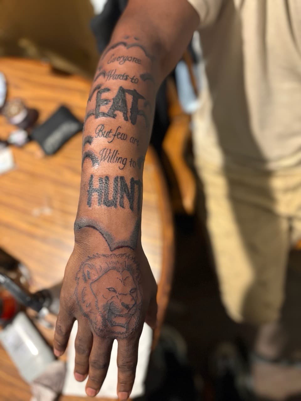 Lettering + Black & Grey lion tattoo on Forearm by 3inkd on TattMe