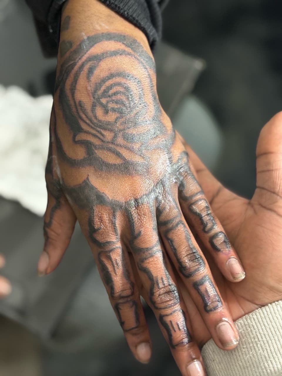 Black-work + Illustrative rose tattoo on Hand by 3inkd on TattMe