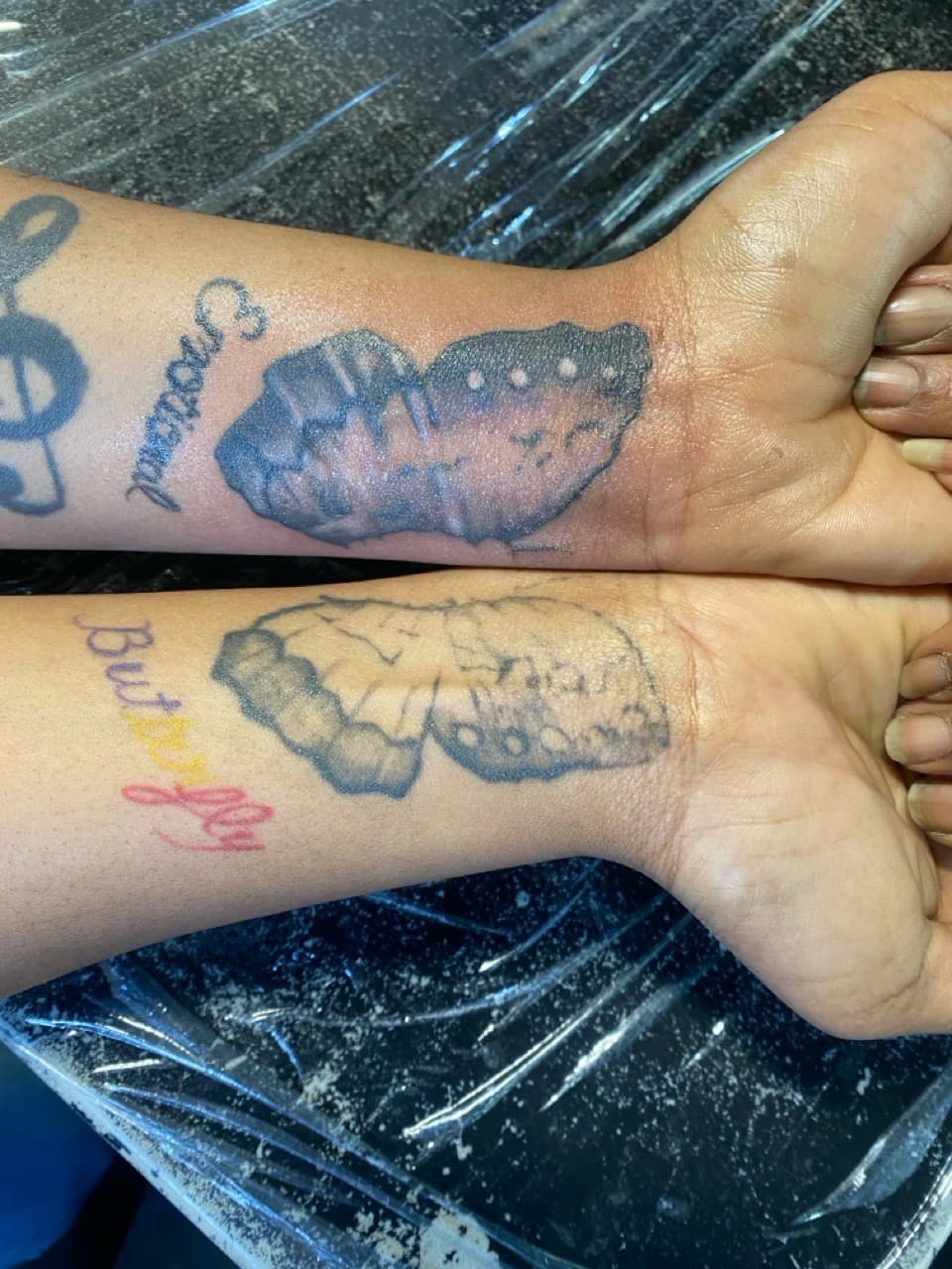 Lettering + Script butterflies tattoo on Wrist by The_Supplier_Tattoo on TattMe